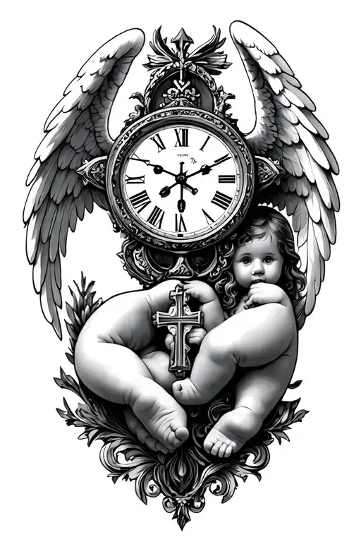 Angel Clock Cross Christian Cross Baby foot tattoo design idea