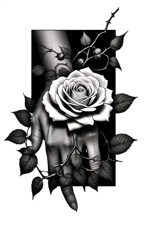  Rose on the top of my hand with a thorny vine extendting up and wrapping around my arm with leaves top down view tattoo design idea