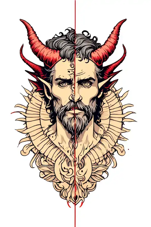 half demon half god with line down centre tattoo design idea