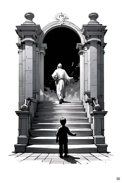 man walking up stairs to heaven double gates with a child at the bottom reaching out to hold his hand tattoo design idea