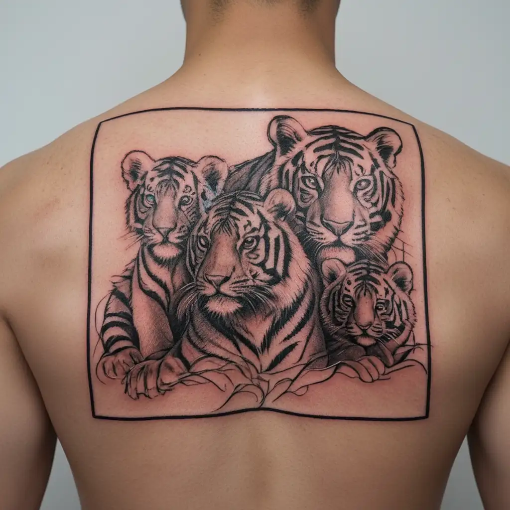 male and female tiger with 2 cubs face only tattoo design idea