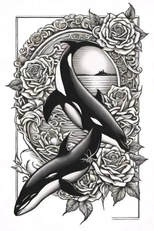 Orcas, Rose, God, Sun tattoo design idea