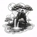 blackwork dark simple floating island with waterfall and pond tattoo design idea