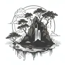 blackwork dark simple floating island with waterfall and pond tattoo design idea
