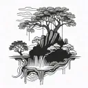 blackwork dark simple floating island with waterfall and pond tattoo design idea