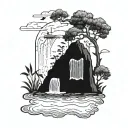 blackwork dark simple floating island with waterfall and pond tattoo design idea