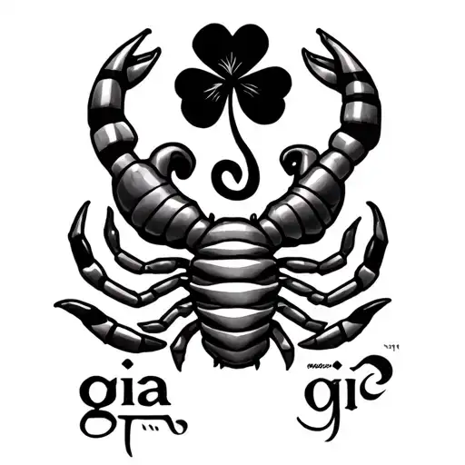 A patchwork with: the love sign in Japanese, a four -leaf clover, the sign of the scorpion zodiac, the word gia đ tattoo design idea