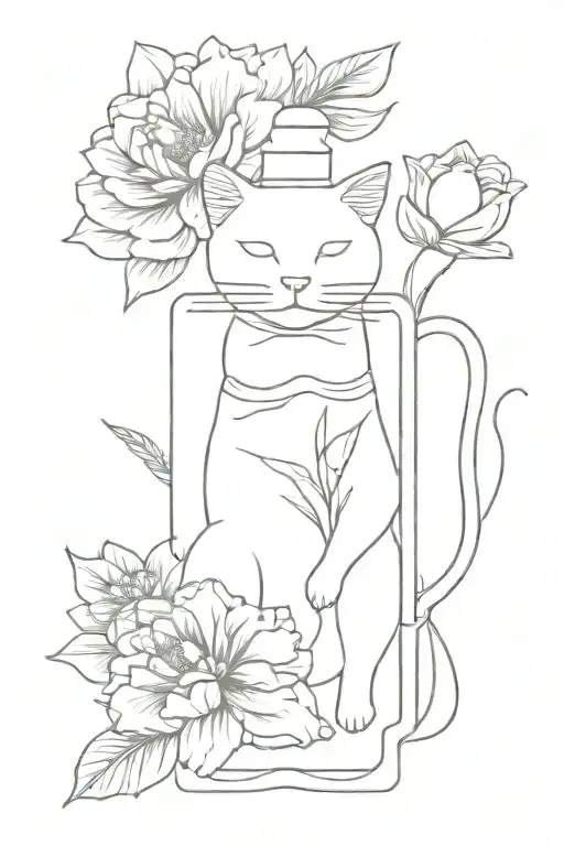 cat flowers perfume bottle tattoo design idea