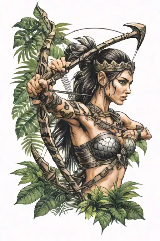 Female Warrior holding bow and arrow weapon surrounded by jungle leafs background tattoo design idea