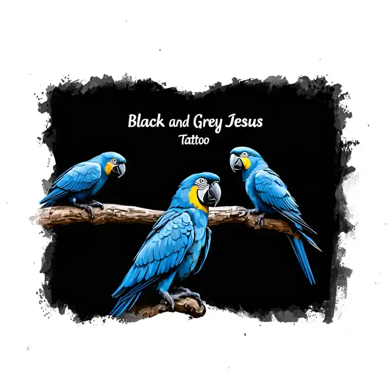 hyacinth macaw blue birds, and make the Brazilian Jesus statue in the middle small and then layer a text on top saying  tattoo design idea