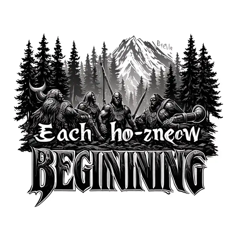 "Each horizon - a new beginning" vikings in a forest  tattoo design idea