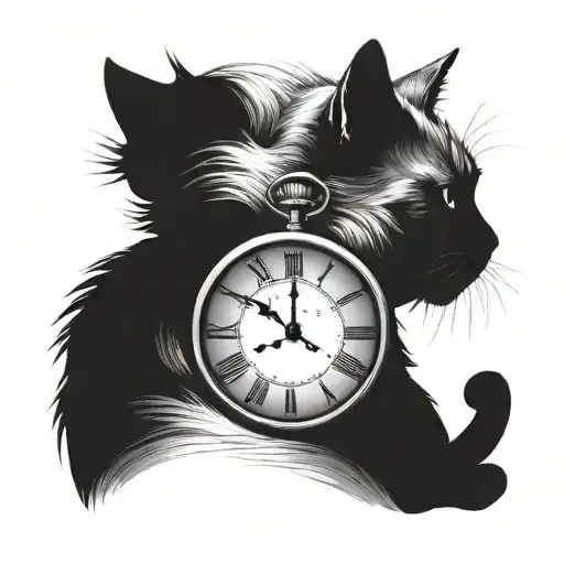 mystical Moon and silhouette of back of cat sitting alone incorporating a faded clock in the background  tattoo design idea