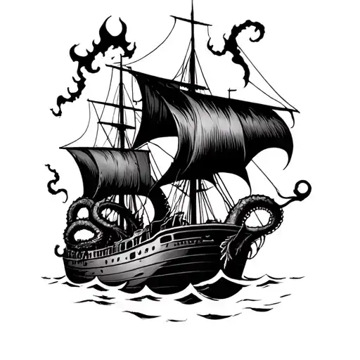 kraken under a burning ship tattoo design idea