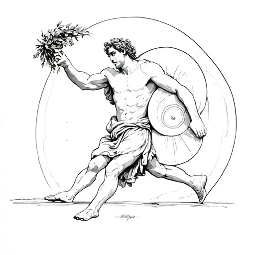 pheidippides collapsing in victory after running the first Marathon. he should be holding his shield and an olive wreath tattoo design idea