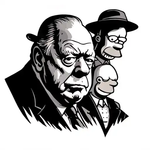 Tattoo with three characters in it. Winston Churchill, Hunter S. Thompson and Homer Simpson tattoo design idea