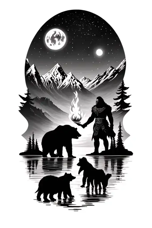 mountain scene with Lake and Bear family Silouette by the lake with Prometheus giving Viking man fire under a night sky tattoo design idea