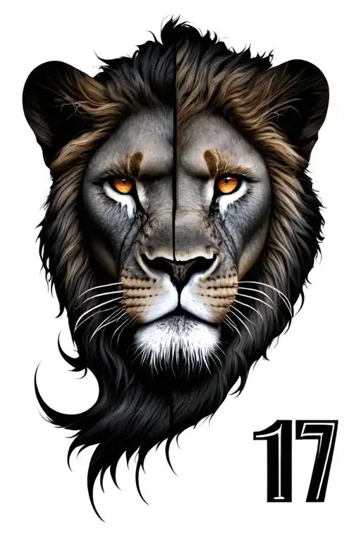 Upper face half lion eye and half human eye, number 17 somewhere, something that breeds hope, confidence silent power tattoo design idea