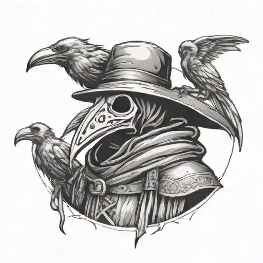 Plague doctor with bird skulls on his shoulders and a torso in bloody bandages tattoo design idea