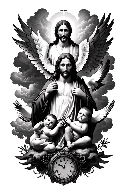 Jesus heaven clouds doves baby an angel and a clock tattoo design idea