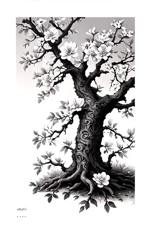 "oubaitori" Tree with branches and flowers blooming for upper arm tattoo tattoo design idea