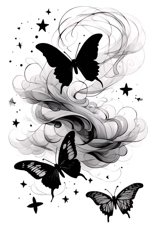 Whispy smoke lines along with stars, clouds and butterflys tattoo design idea