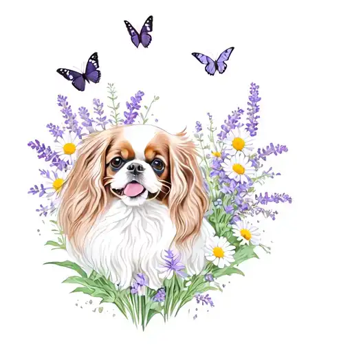 cavalier king charles spaniel in lavender and daisies with butterflies tattoo design idea