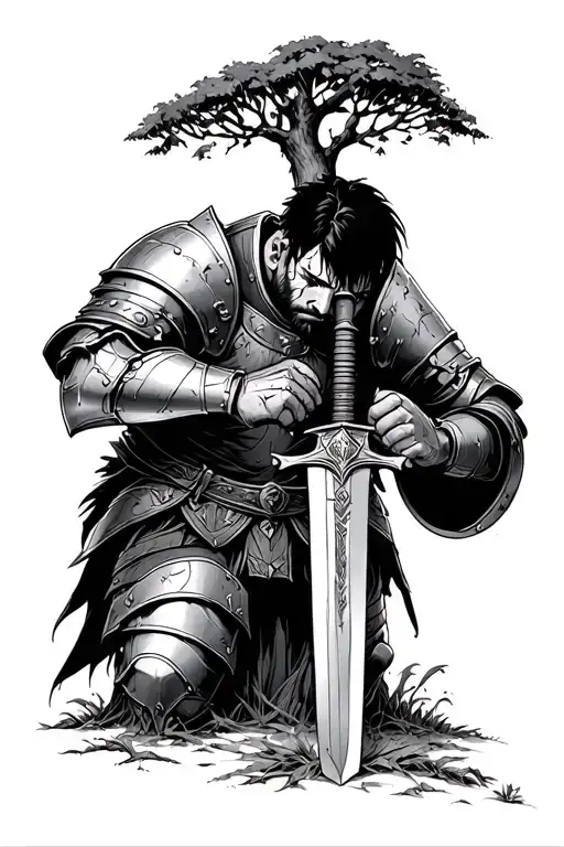 Tired knight in dirty armor, black hair with scar, pressed back tree, planted sword, grounds on the ground tattoo design idea