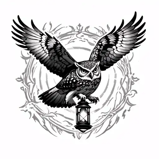 Flying great horned owl with lantern shining light tattoo design idea