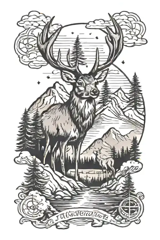 half sleeve with mountains and deer head with trees tattoo design idea