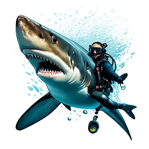 Scuba diver swimming away from shark tattoo design idea