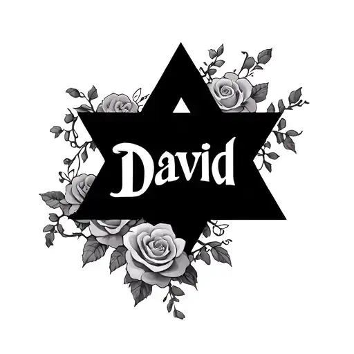tattoo of the name David, inside  the star of david with roses and vines, shading of clouds tattoo design idea