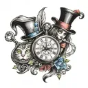 Alice in wonderland and Alice returns to madness on a card with one with a pocket watch the other with a blade  tattoo design idea