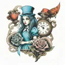Alice in wonderland and Alice returns to madness on a card with one with a pocket watch the other with a blade  tattoo design idea