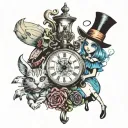 Alice in wonderland and Alice returns to madness on a card with one with a pocket watch the other with a blade  tattoo design idea