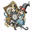 Alice in wonderland and Alice returns to madness on a card with one with a pocket watch the other with a blade  tattoo design idea