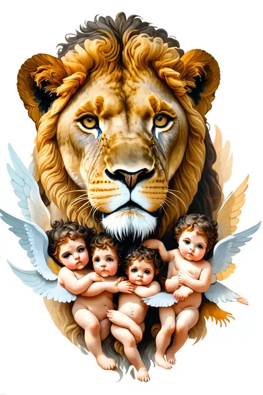 lioness and 6 cute cherubs tattoo design idea