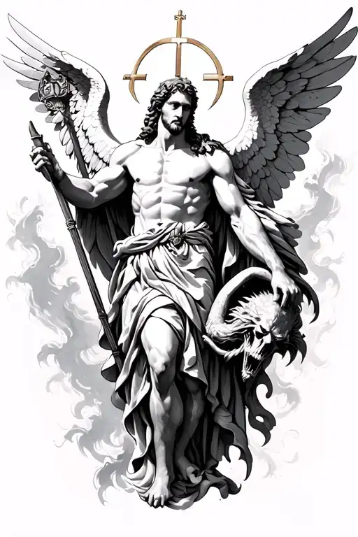 St. Michael archangel slaying satan rennaisance style Catholic saint tattoo design idea