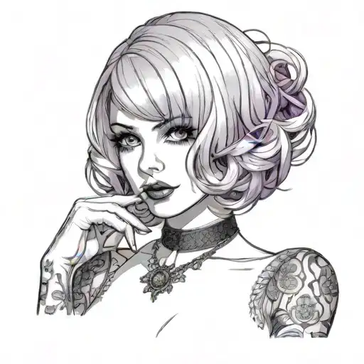 Sexy Petite Girl white short bob hairstyle revealing lingerie, big cleavage hands purple eyes, portrait. gothic pin-up  tattoo design idea