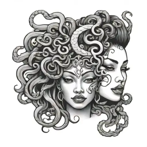 one face half beautiful black woman other half black Medusa good vs evil  tattoo design idea
