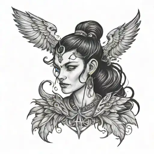 a female tiefling with a crow feather tattoo design idea