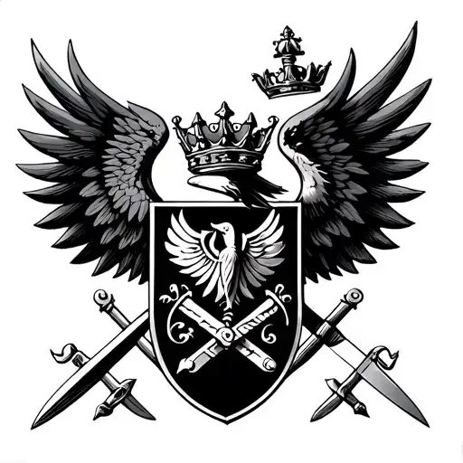 COAT OF ARMS UKRAINIAN TRIDENT WITH CROWN AND SWORDS COSSACK STYLE SOVIET WITH BIRD AND WINGs tattoo black and white 8 d tattoo design idea