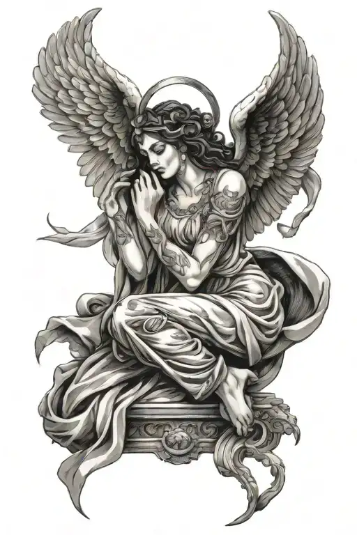 angel finger inter locked praying upright but slanted full body dress head covered beautiful feet showing at the bottom tattoo design idea