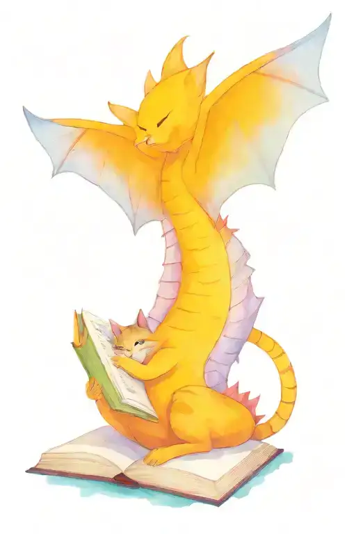 A cat reading a book with a dragon curled up next to it, embodying the client's love for cats, books, and dragons tattoo design idea
