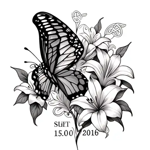 half butterfly on right, on left side lily flowers and Celtic design with the date 15/10/2016 used as butterfly body  tattoo design idea