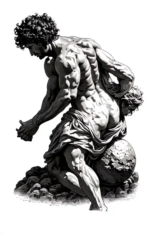 Sisyphus tattoo from greek mythology pushing boulder along the musculature of the right side of the upper back tattoo design idea