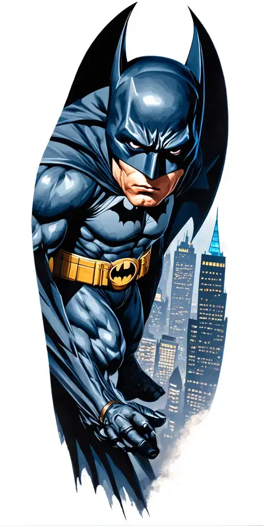batman standing on a gargole overlooking the Gotham city skyline tattoo design idea