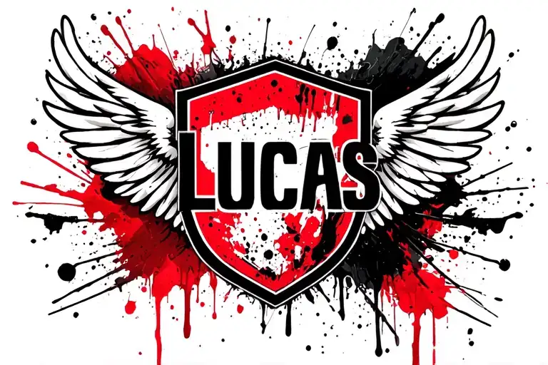 "Lucas" "Lucas" shield and wings with name written tattoo design idea