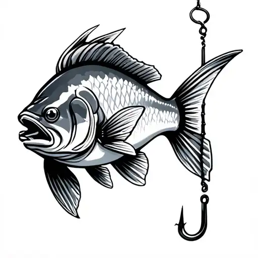 fish with heartbeat beat symbol and fishing hook tattoo design idea