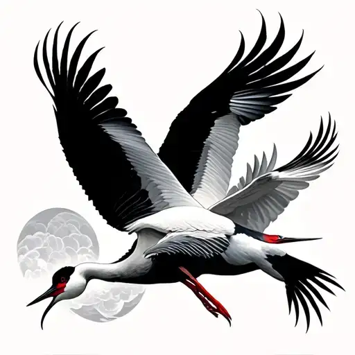 Tattoo design for men showcasing two Japanese cranes flying, done in a realistic black and white aesthetic. tattoo design idea
