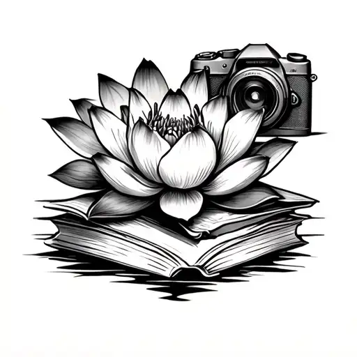 lotus flower with books a heartbeat travel and a camera  tattoo design idea